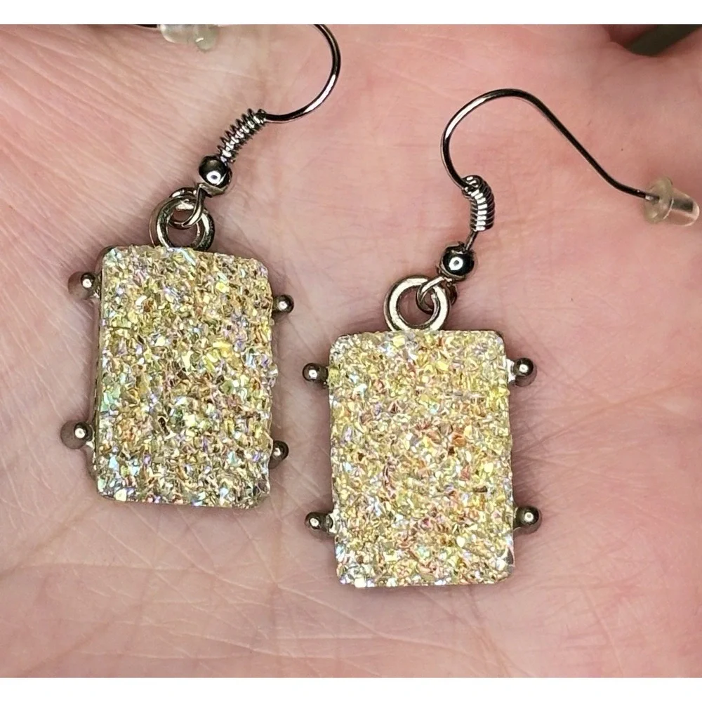 Vintage Earrings Sparkly Rectangle Glitter Dangle Silver Tone